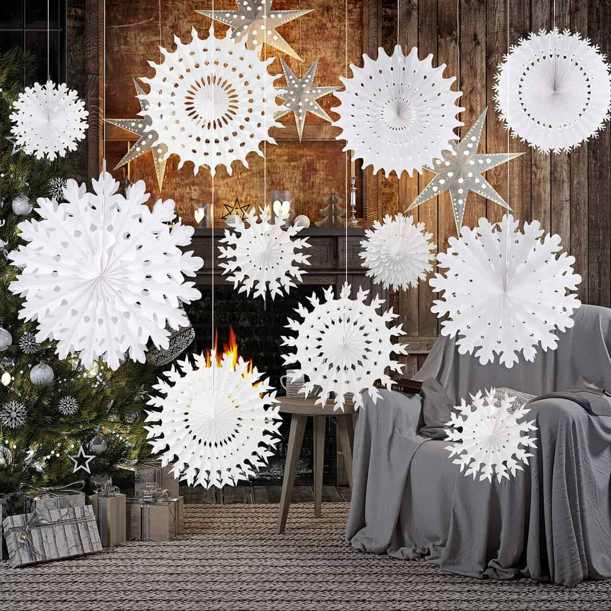 TUPARKA 16 Pcs White Paper Schneeflockendekorationen Papier Schneeflocken Hängende Dekoration Winter Weihnachten Hochzeit Taufe Dekorationen, sortieren Größe