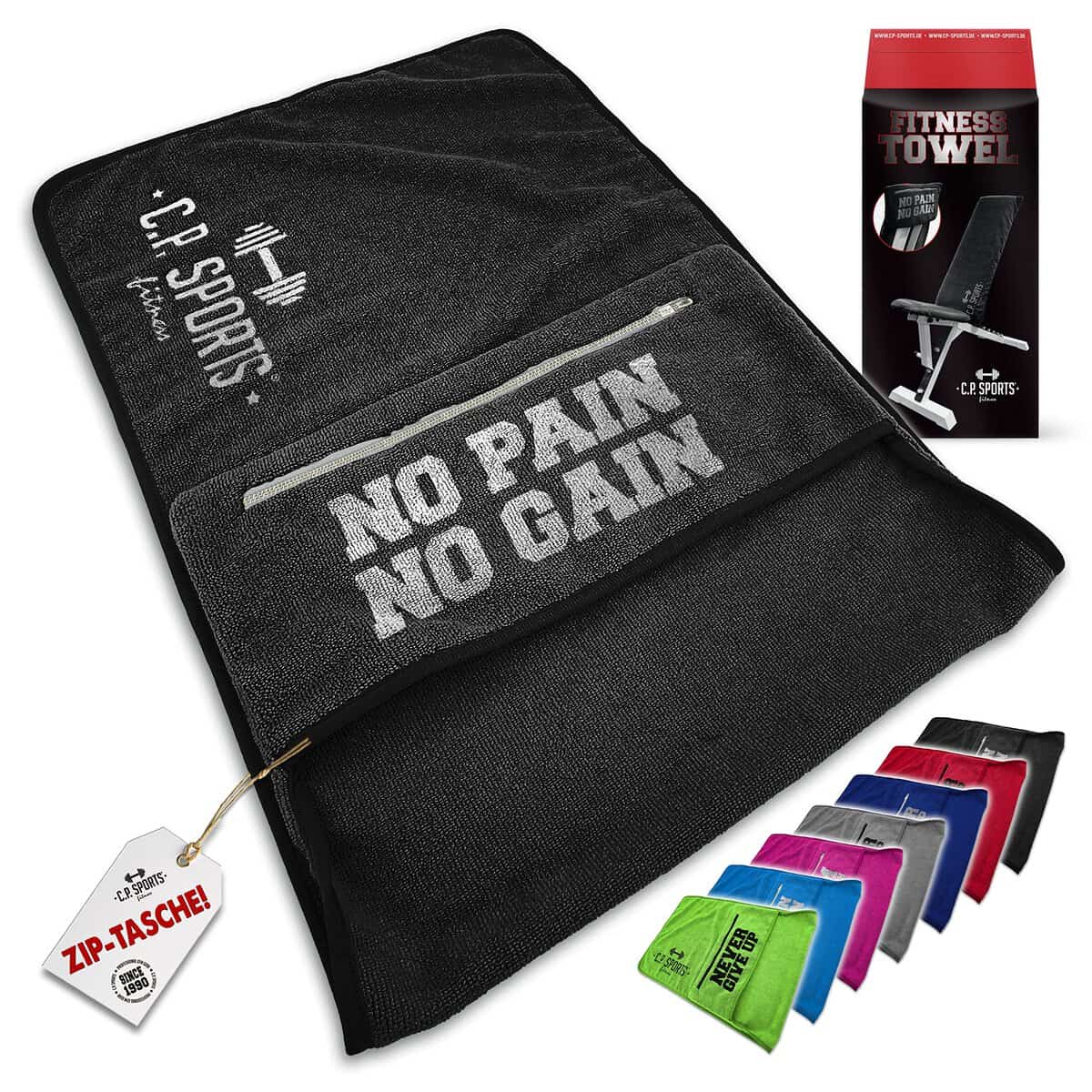 C.P. SPORTS Fitness Handtuch Towel Mikrofaser | Fixierung + Tasche mit Reißverschluss | Fitnessstudio Gym Training Sport | extra weich, waschbar, lang & groß | für Frauen & Männer | 5 Farben